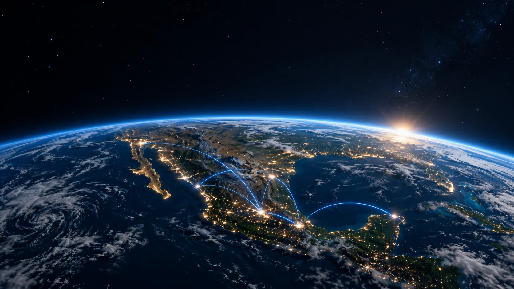 La Tierra vista desde el espacio con la costa del Pacífico mexicano y el país iluminado de noche